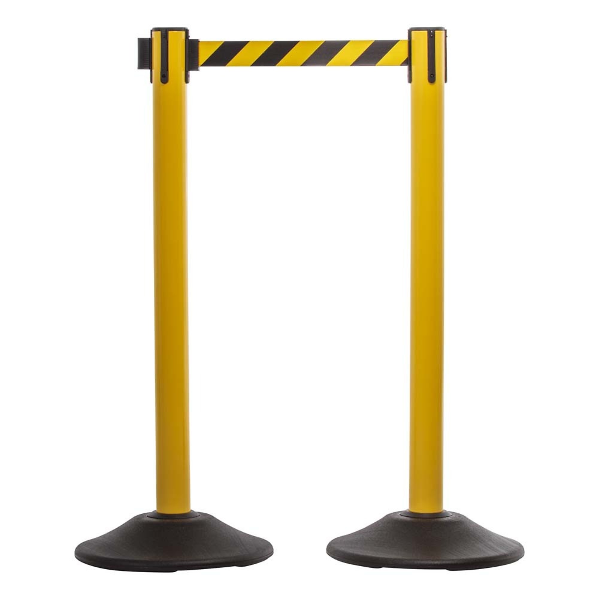 US Weight Heavy-Duty Steel Stanchion — 38.5in. Height, Yellow, 7.5ft. Chevron Belt, Scratch-Resistant Base, 2-Pack, Model# U2104CYB2